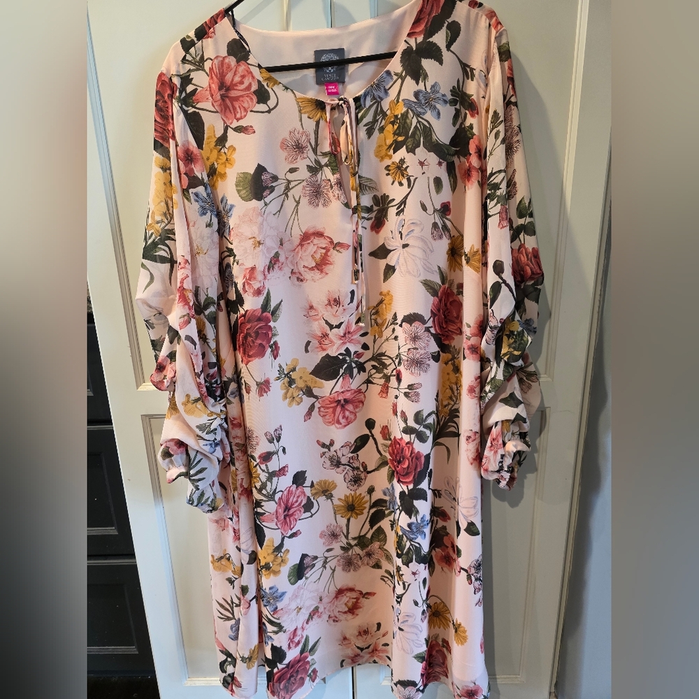 Vince Camuto Blush Pink Floral Long Sleeve Dress with Red, Yellow & Blue Flowers